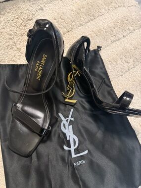 Saint Laurent Black Patent Leather YSL Logo Heel Sandals